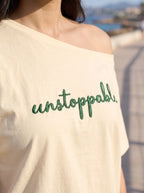 Oversized Boat-neck T-Shirt for woman: Unstoppable