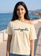 Oversized Boat-neck T-Shirt for woman: Unstoppable