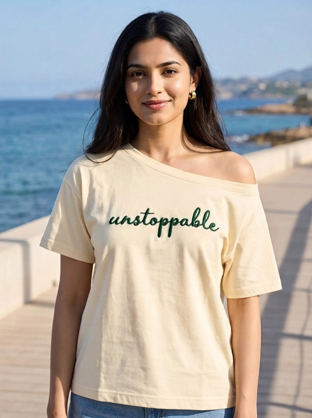 Oversized Boat-neck T-Shirt for woman: Unstoppable
