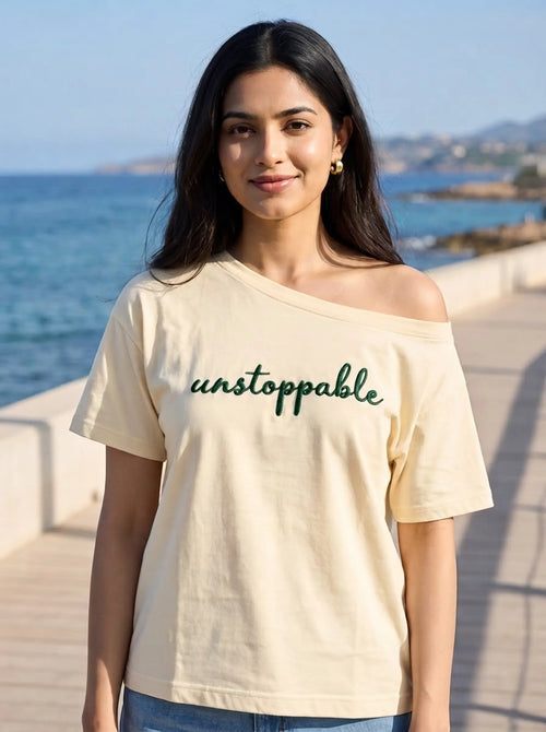 Oversized Boat-neck T-Shirt for woman: Unstoppable