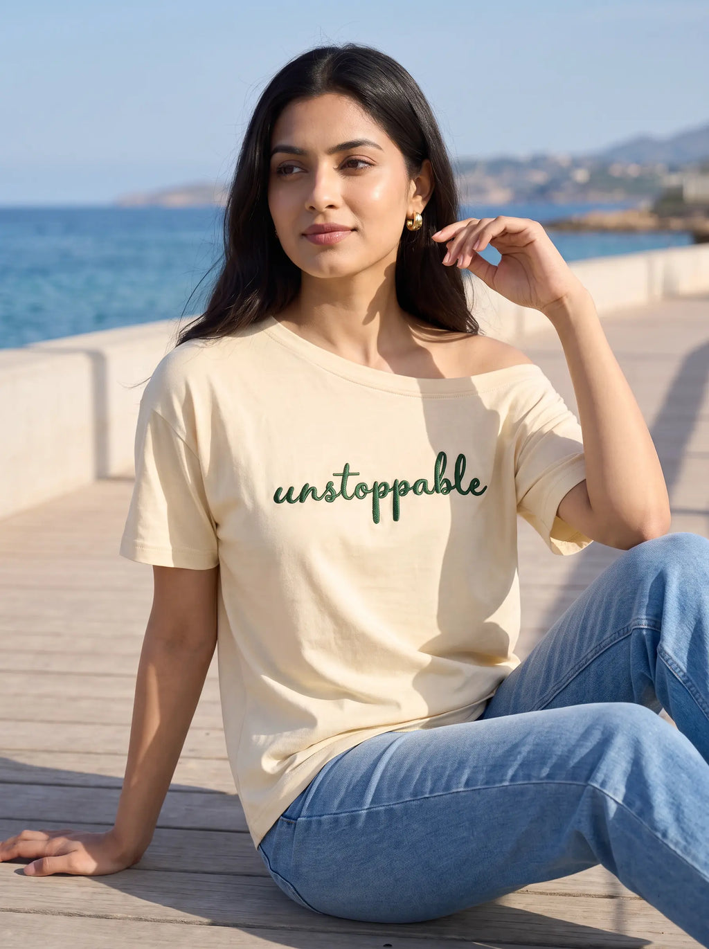 Oversized Boat-neck T-Shirt for woman: Unstoppable